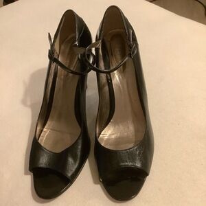 Ferri San Paolo Womens Heel Sz 39 Black Peep Toe Ankle Strap Patent Accent Chic